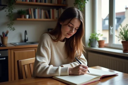 Jeune femme écrivant dans un carnet dans un appartement parisien