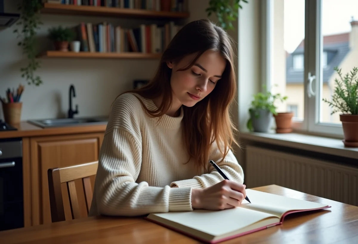 Jeune femme écrivant dans un carnet dans un appartement parisien