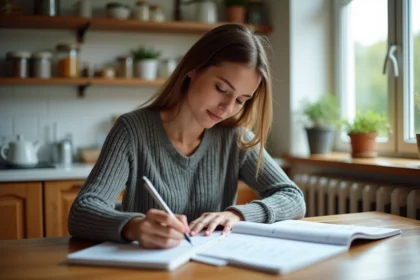 Jeune femme étudie une declinaison allemande à la maison