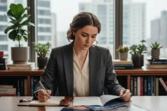Jeune femme concentrée à étudier des brochures universitaires