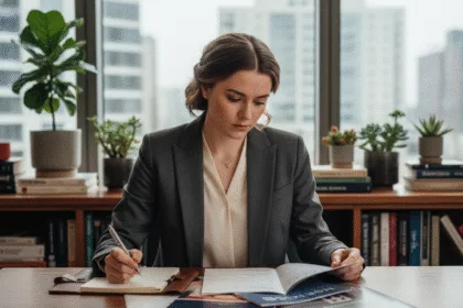 Jeune femme concentrée à étudier des brochures universitaires