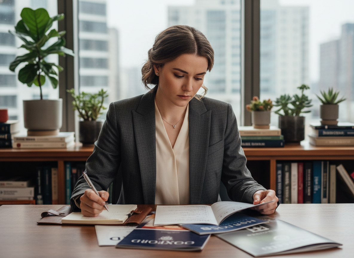 Jeune femme concentrée à étudier des brochures universitaires