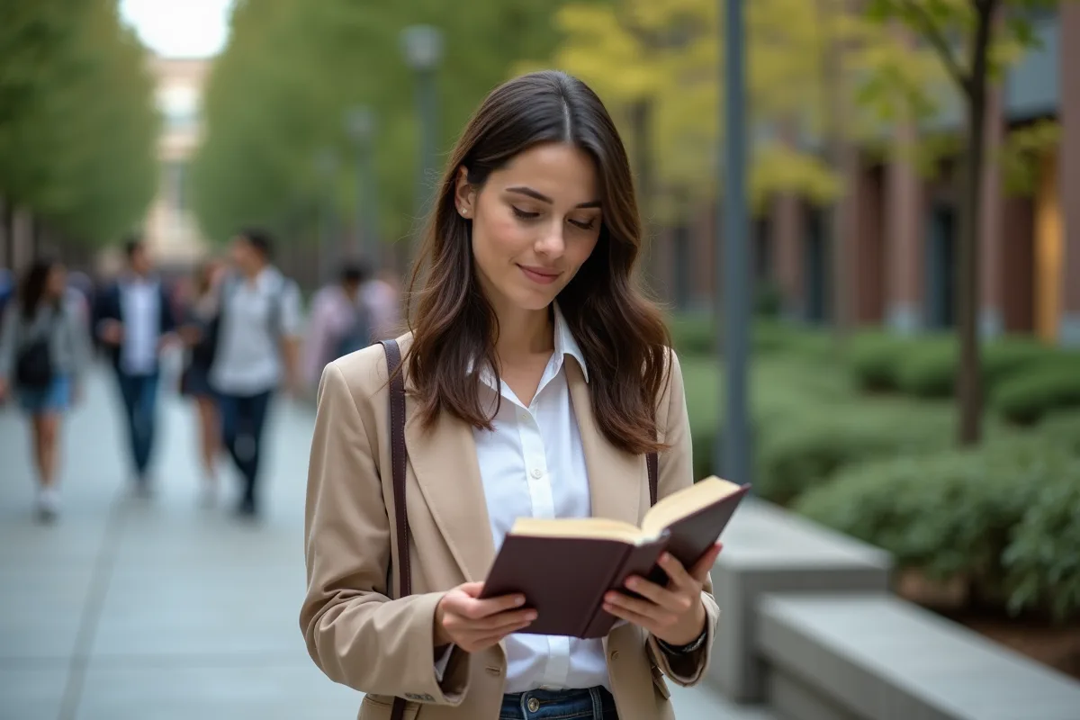Jeune femme lisant un livre sur un campus universitaire