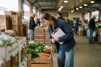 Jeune femme inspectant des légumes au marché