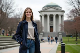 Jeune femme souriante près du dôme MIT en extérieur