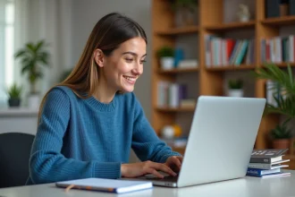 Jeune femme souriante devant un ordinateur portable en étude