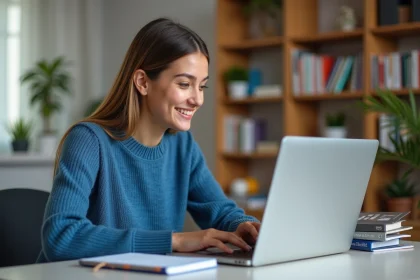 Jeune femme souriante devant un ordinateur portable en étude