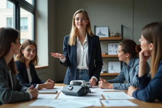 Jeune femme professionnelle présentant un prototype futuriste en réunion