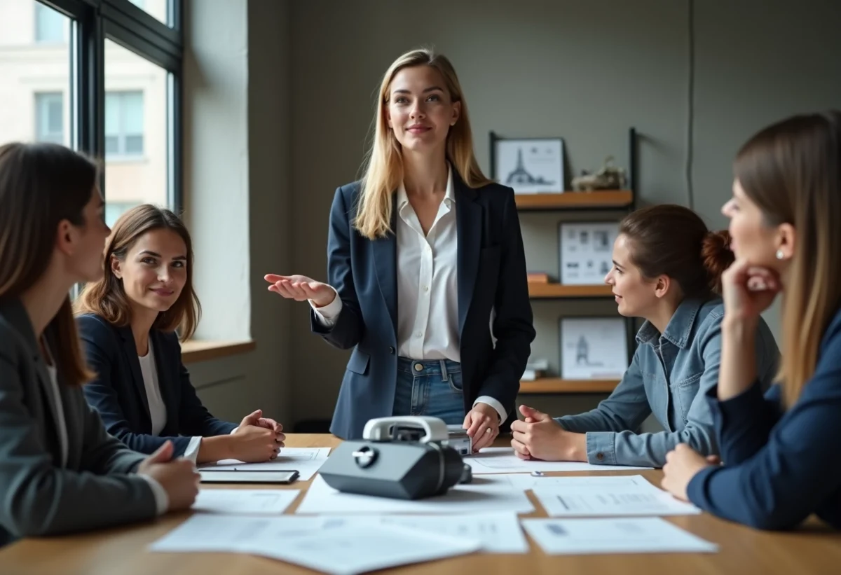 Jeune femme professionnelle présentant un prototype futuriste en réunion