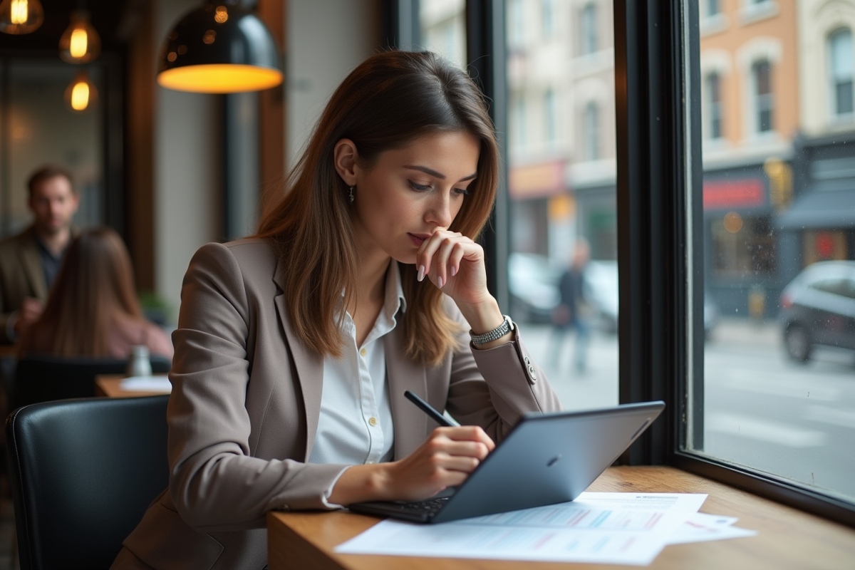 Jeune femme en home office analysant documents et notes