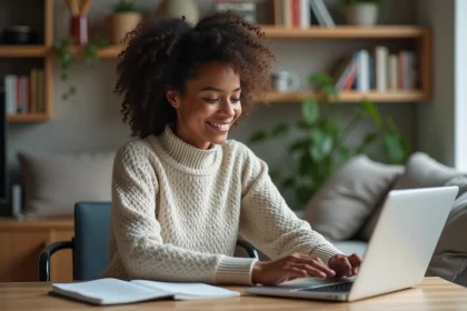 Jeune femme souriante travaillant sur son laptop à la maison