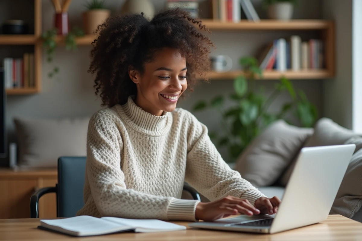 Jeune femme souriante travaillant sur son laptop à la maison