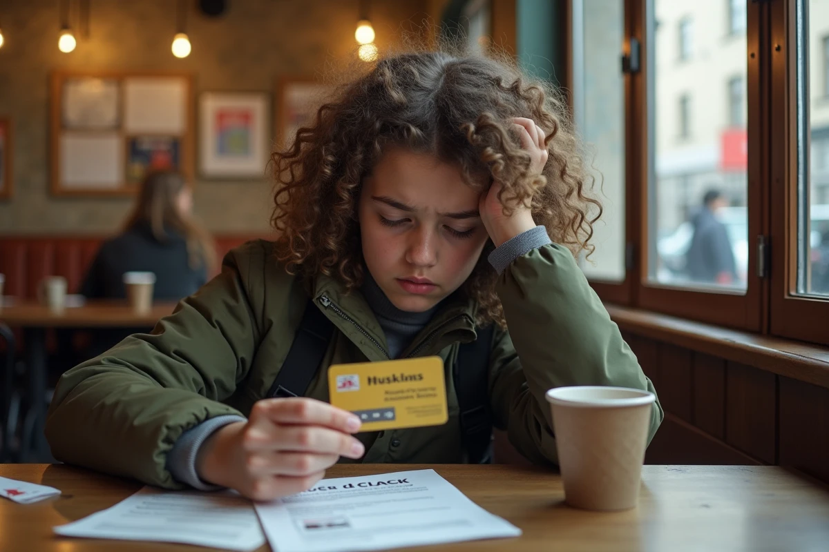 Fille frustrée assise à une table de café avec sa carte rejetée