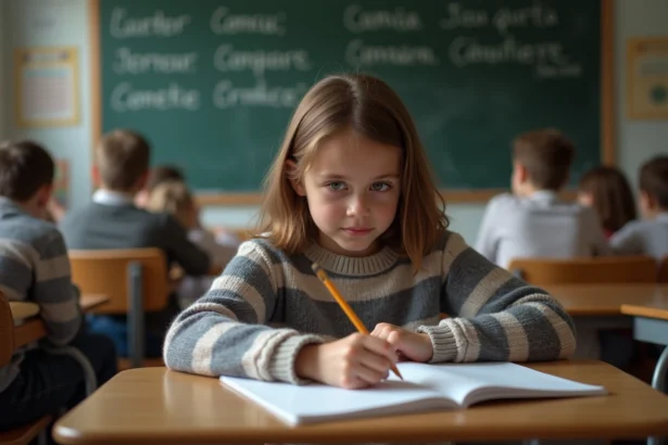 Jeune fille de collège écrit la conjugaison de connaître