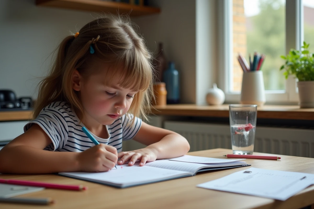 Jeune fille française concentrée à écrire une dictée à la maison