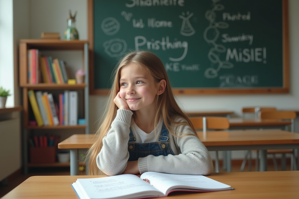 Jeune fille en classe avec un cahier croisé et sourire résilient