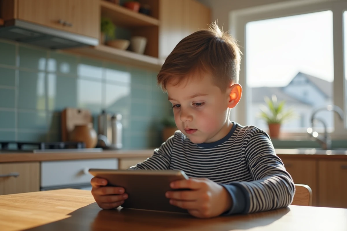 Garçon de 10 ans utilisant une tablette dans une cuisine moderne