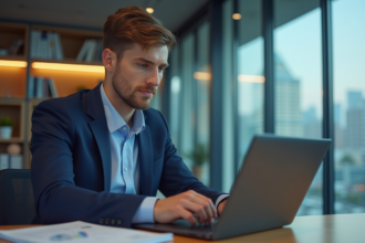 Jeune homme d'affaires en costume examine un rapport financier