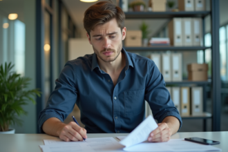 Jeune homme au bureau examinant des documents avec concentration