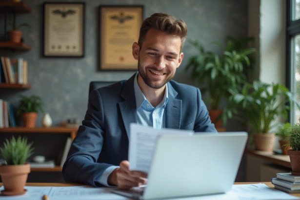 Jeune homme en bureau cosy examine documents financiers