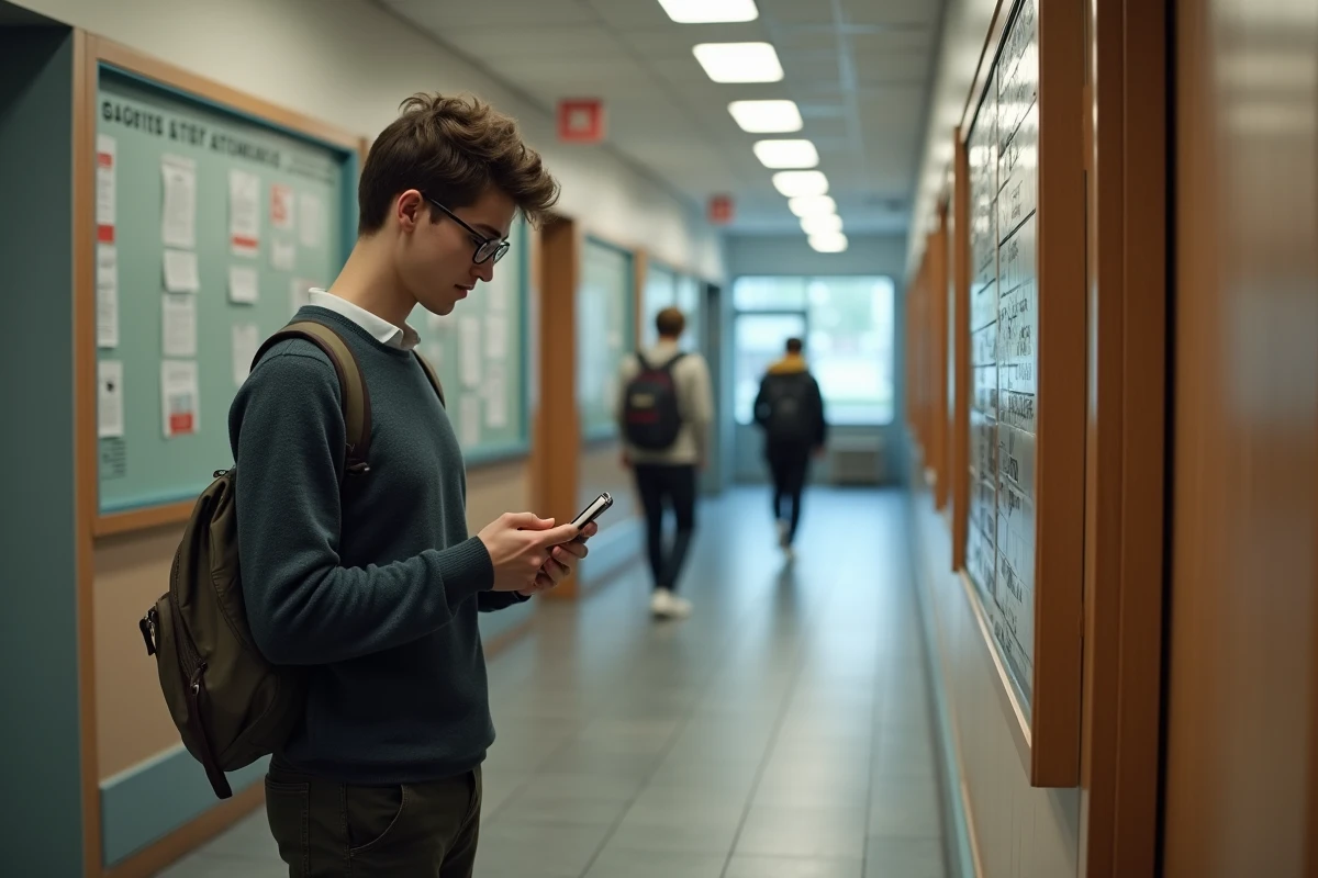 Jeune homme dans un couloir universitaire utilisant son téléphone