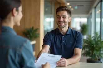 Jeune homme déposant son CV à l'accueil d'une entreprise pour postuler à un emploi sans diplôme
