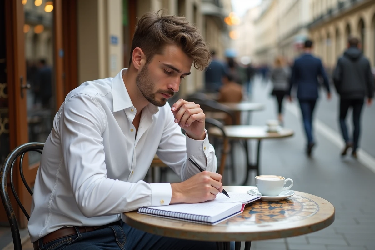 Jeune homme écrivant des exercices de conjugaison du passé simple dans un carnet à une terrasse de café parisienne