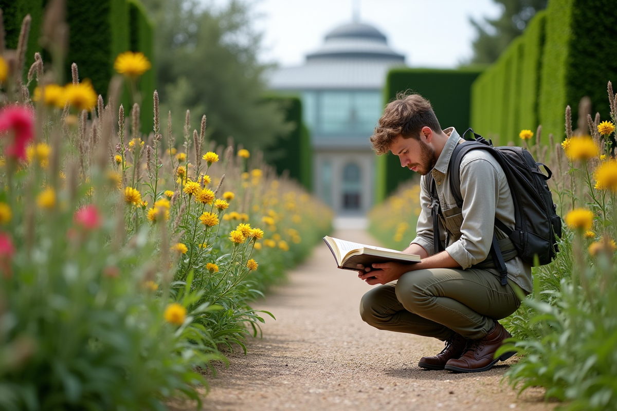 Jeune homme français étudiant dans un jardin botanique avec guide