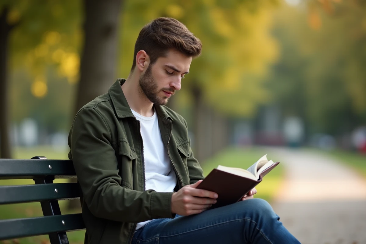Jeune homme lisant un livre de grammaire française sur un banc de parc, cherchant la règle d'utilisation du mot 'puisse'