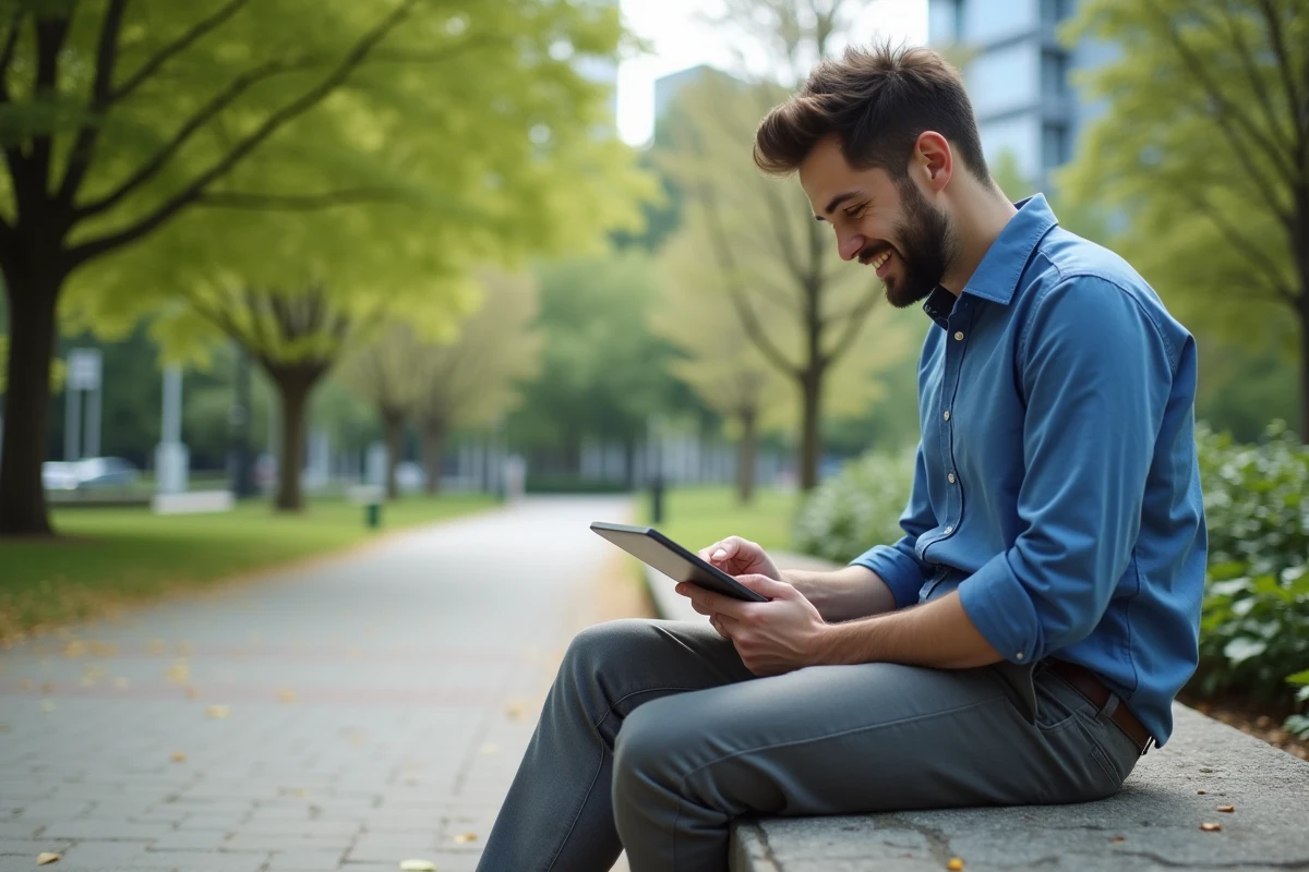 Jeune homme en plein air regardant ses notes sur tablette