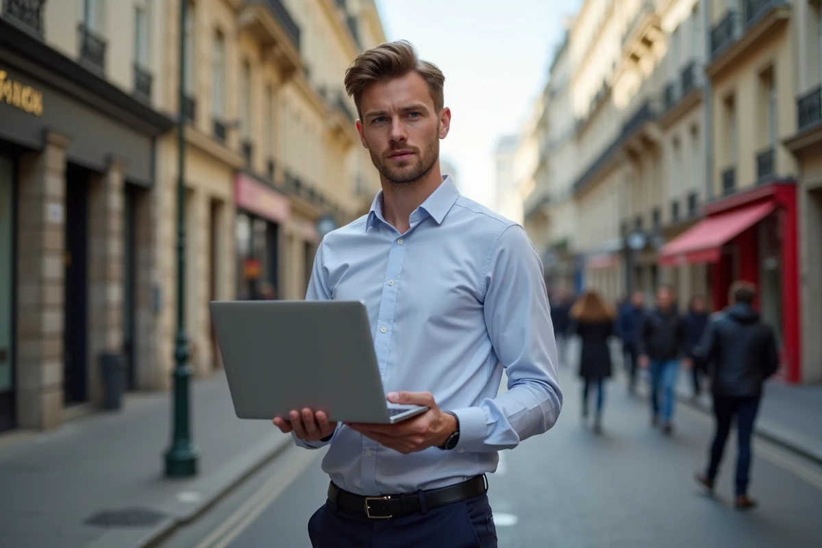 Jeune homme dans la rue de Paris utilisant son ordinateur portable