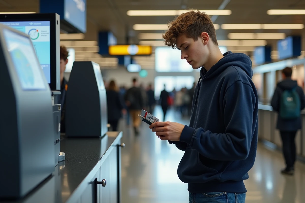 Adolescent regardant sa carte dans une gare française