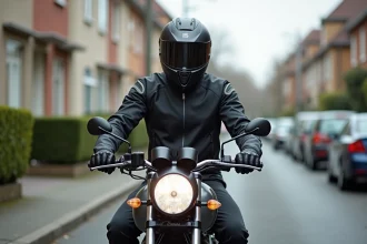 Jeune homme équipé sur une moto 125cc garé dans une rue résidentielle européenne, illustrant le permis A1 pour débutants