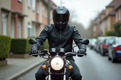 Jeune homme équipé sur une moto 125cc garé dans une rue résidentielle européenne, illustrant le permis A1 pour débutants