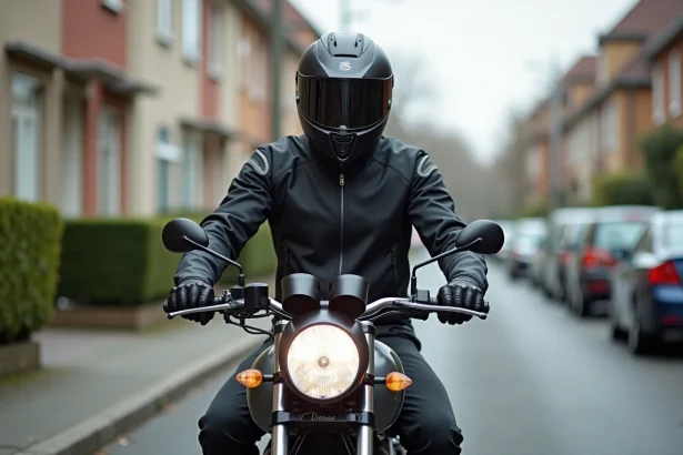 Jeune homme équipé sur une moto 125cc garé dans une rue résidentielle européenne, illustrant le permis A1 pour débutants