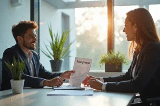 Jeune professionnel serrant la main d'un recruteur avec un contrat de formation
