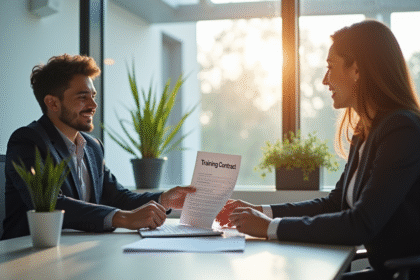 Jeune professionnel serrant la main d'un recruteur avec un contrat de formation