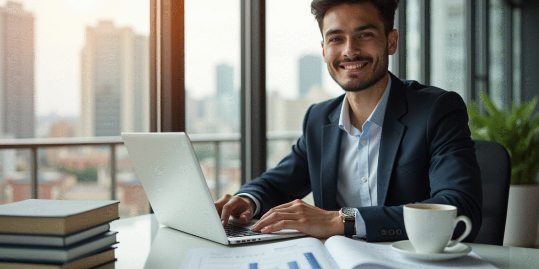 Jeune professionnel confiant travaillant avec documents financiers
