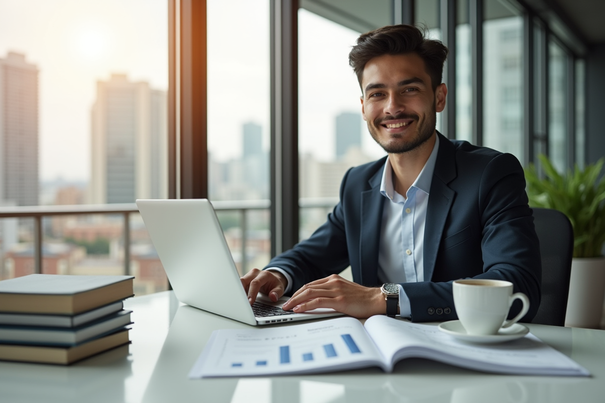 Jeune professionnel confiant travaillant avec documents financiers