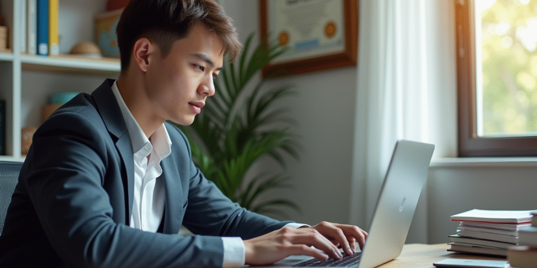 Jeune professionnel analysant des données sur un ordinateur dans un bureau moderne