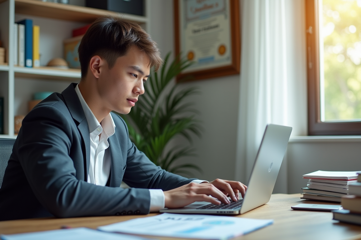 Jeune professionnel analysant des données sur un ordinateur dans un bureau moderne
