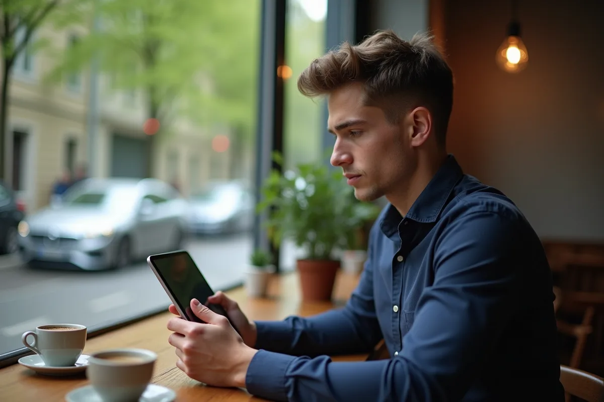 Jeune homme traduisant sur une tablette au cafe