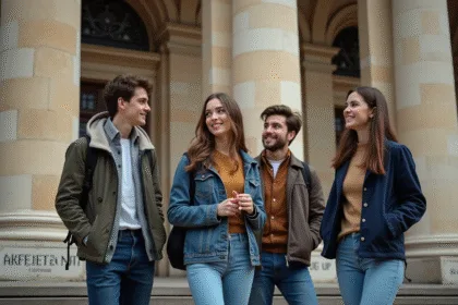 Groupe d'étudiants jeunes sur les marches d'une université
