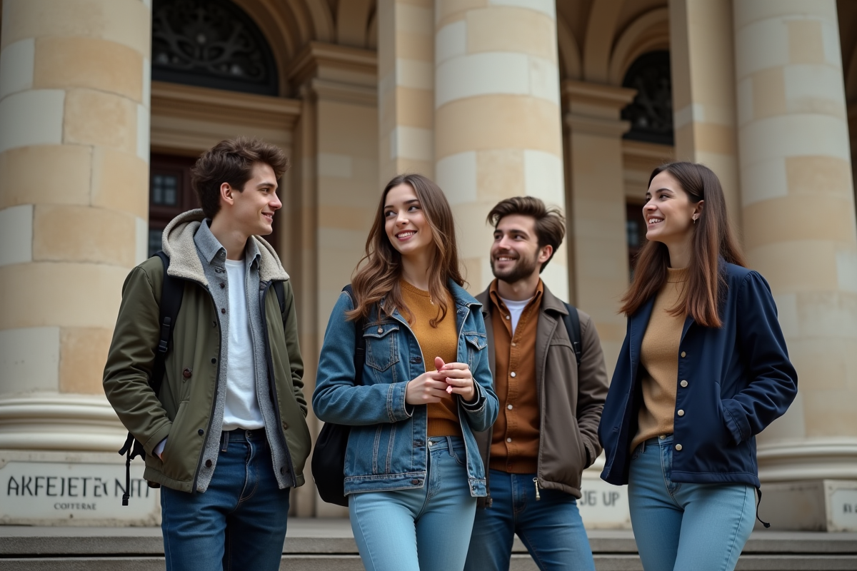 Groupe d'étudiants jeunes sur les marches d'une université