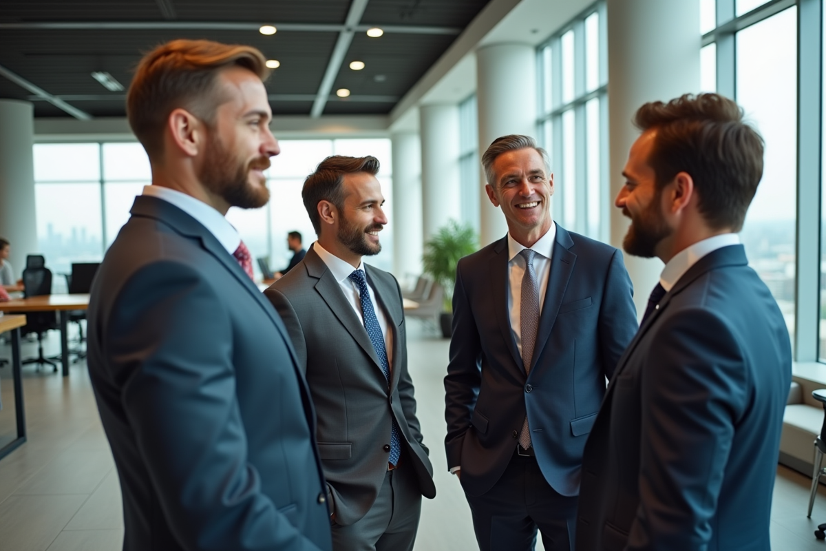 Quatre dirigeants d'entreprise en réunion dans un bureau lumineux