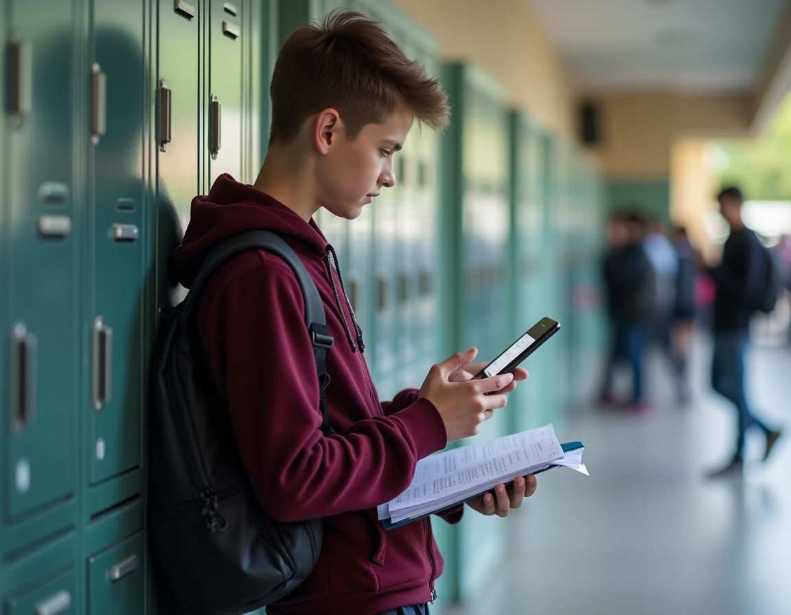 Lycéen consultant l'ENT scolaire NÉO Yvelines sur son smartphone dans un couloir d'établissement