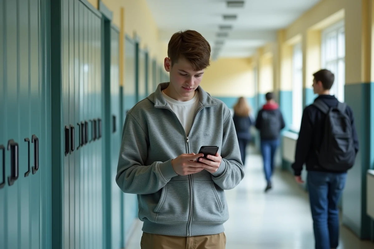 Lycéen consultant son emploi du temps sur smartphone via l'application Lyc2e Connect2 dans un couloir scolaire