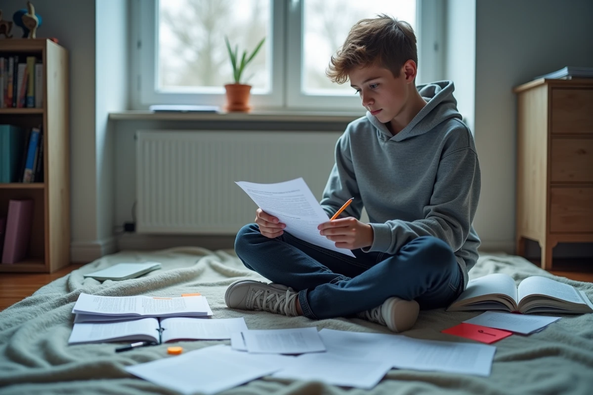 Lycéen révisant les figures de style pour son commentaire composé entouré de fiches de révision
