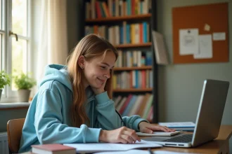 Lycéenne utilisant un calculateur de moyenne avec coefficient sur son ordinateur portable pour réduire son stress scolaire