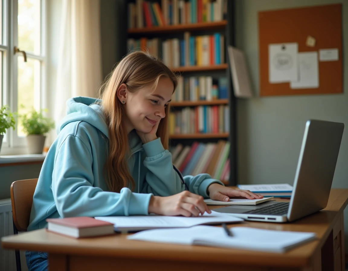 Lycéenne utilisant un calculateur de moyenne avec coefficient sur son ordinateur portable pour réduire son stress scolaire